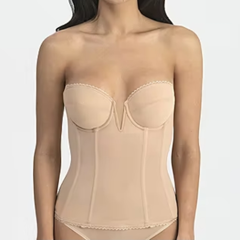 NWT 38DD Dominique Vivienne V Wire Low Back Strapless Bra - 8990, Mocha